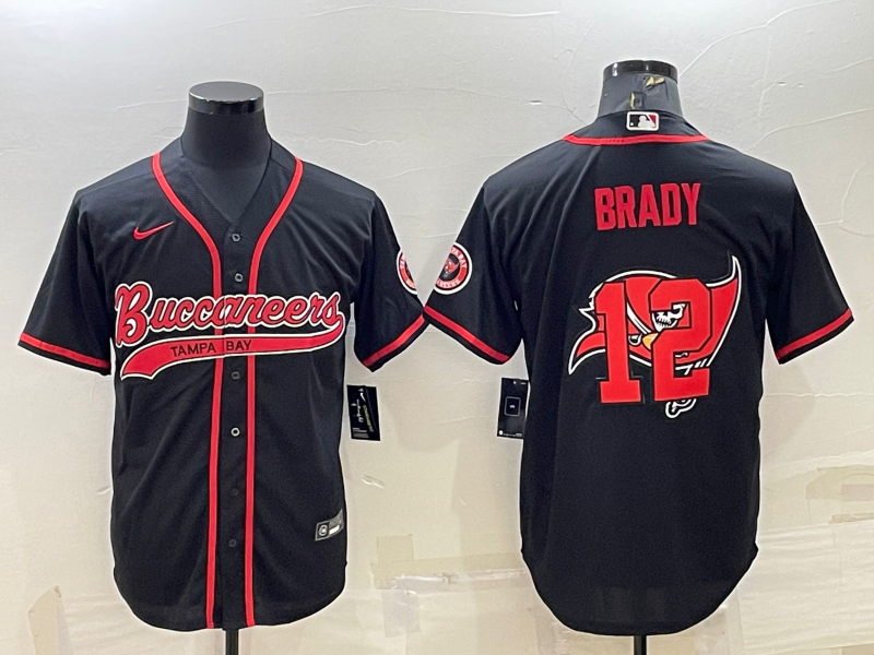 Men's Tampa Bay Buccaneers #12 Tom Brady Black Team Big Logo With Patch Cool Base Stitched Baseball Jersey Men's Tampa Bay Buccaneers #12 Tom Brady Black Team Big Logo With Patch Cool Base Stitched Baseball Jersey